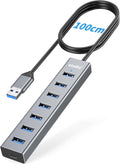 atolla Aluminum 7-Port USB 3.0 Hub with 1m Extension Cable - 5Gbps High-Speed Data Transfer for MacBook Pro, Laptop, PC, Gaming Setup-Gray