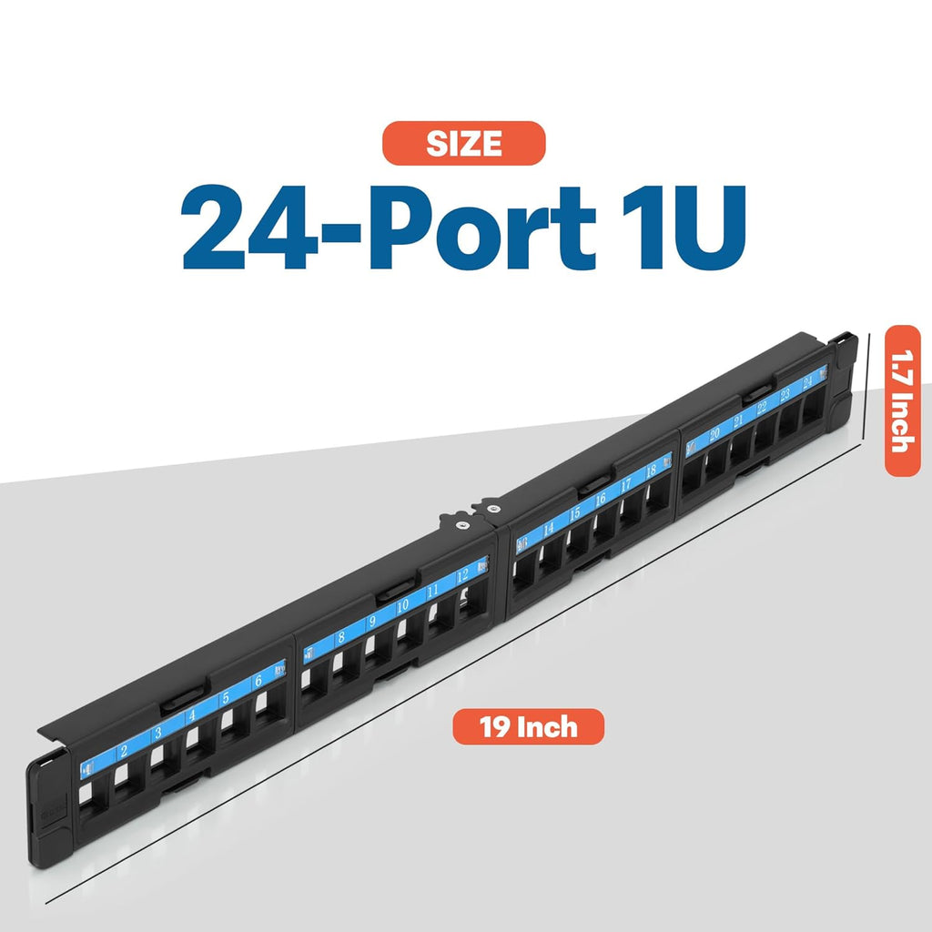 Everest 24 Port Keystone Patch Panel (1-Pack) - Removable 6-Port Panels - Use with Slim Profile Keystones ONLY (Wider Jacks May not fit Side by Side)