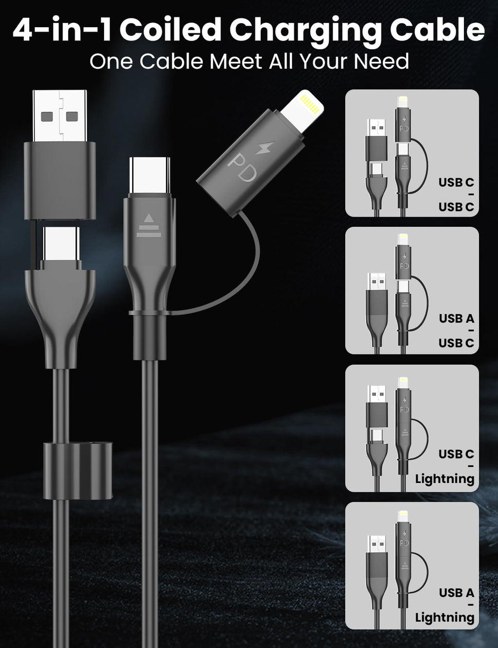Coiled USB-C and Lightning Cable 2-in-1, 3FT iPhone 17 16 Car Charger Cord, 60W Fast Charging Cable for iPhone 15, Samsung Galaxy Supports Apple CarPlay & Android Auto (Black)