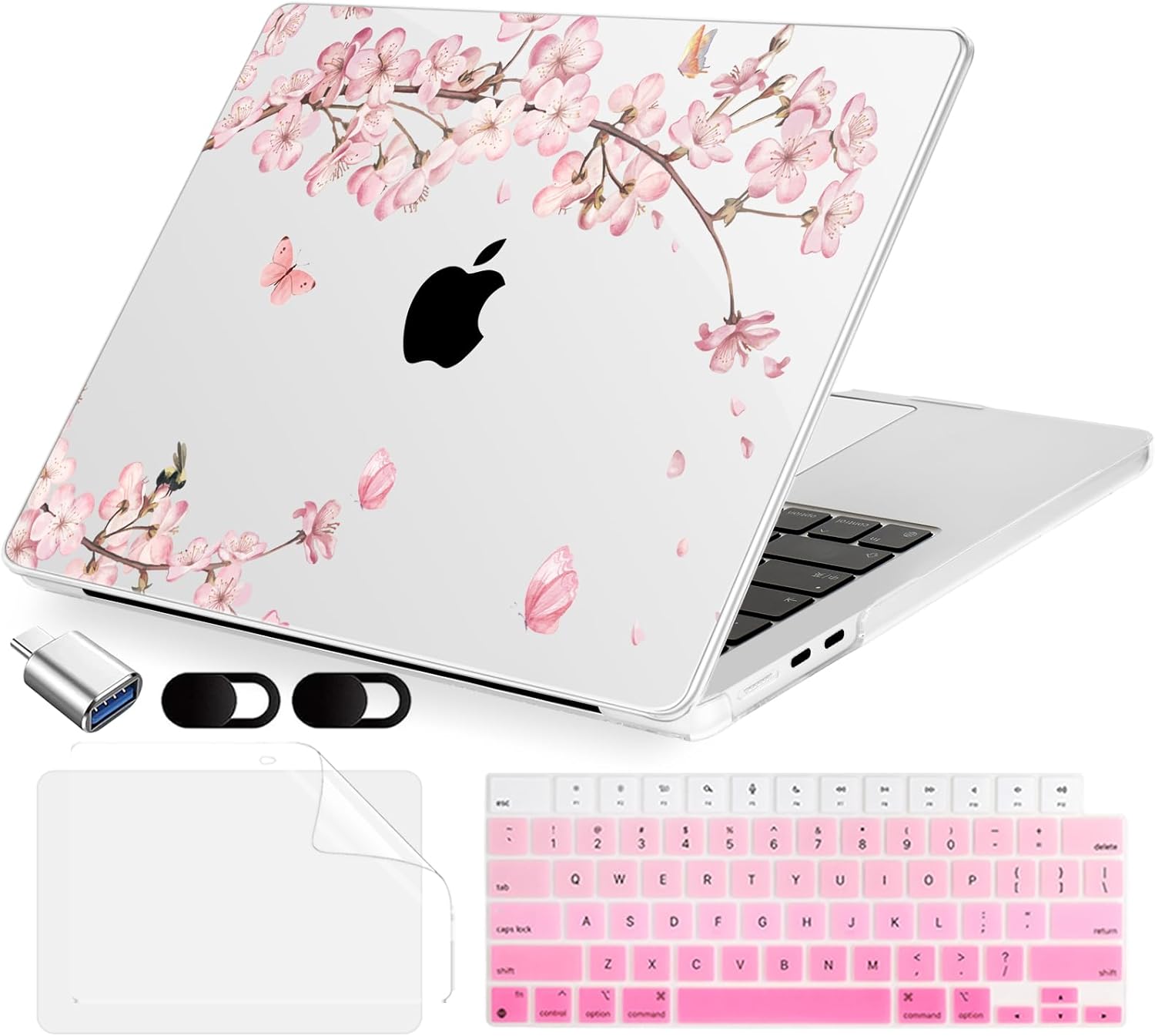 Compatible with MacBook Air 15 inch Case, M4 A3241/M3 A3114/M2 A2941 (Released 2025 to 2023), Hard Shell, Keyboard Cover, Screen Protector, Webcam Cover & Type-C Adapter, Butterflies Sakura