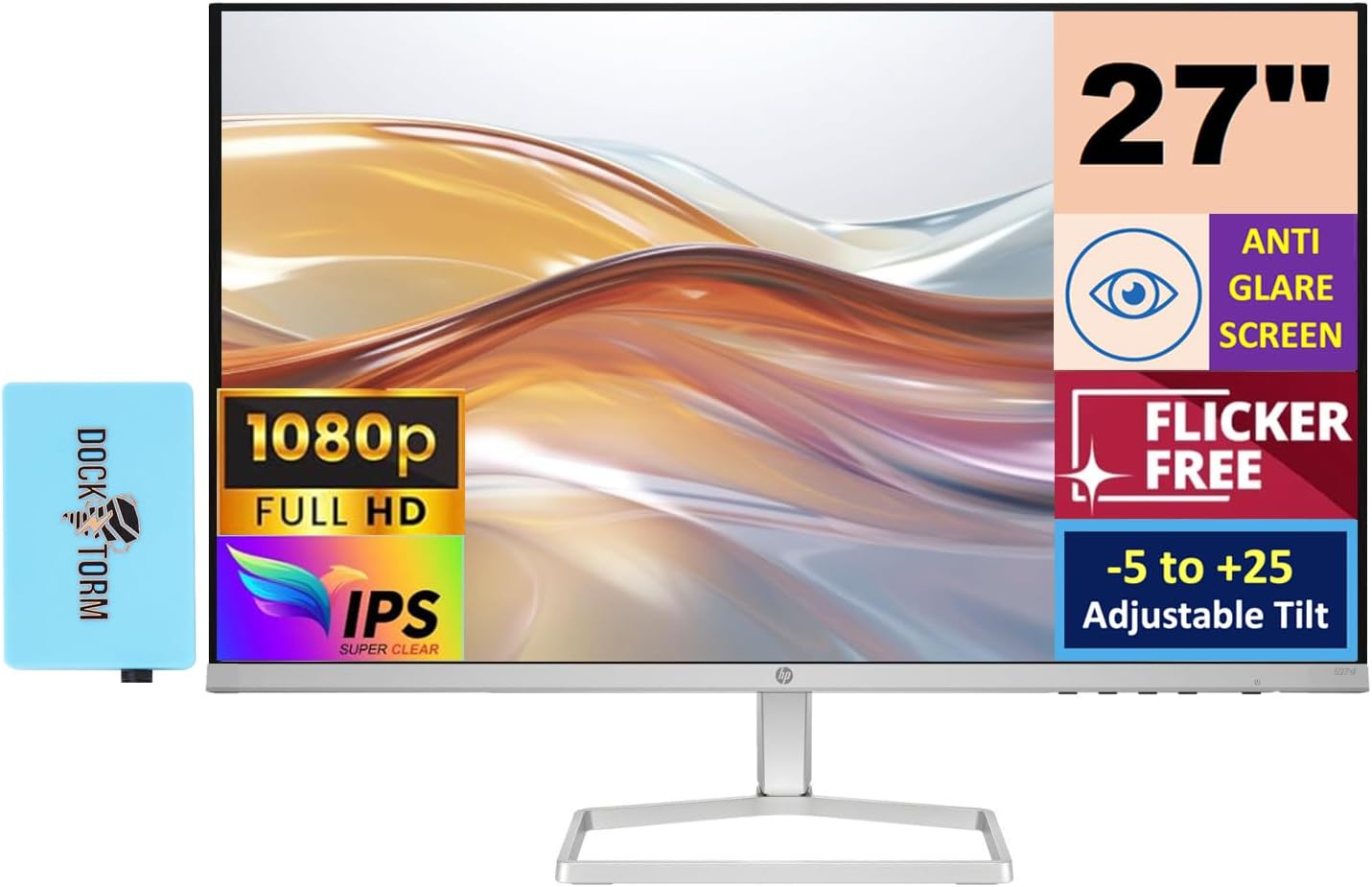 HP Series 5 527sf Monitor (Replaces Model M27h) 94F44AA#ABA w/Docztorm Dock, 27" FHD IPS (1920x1080) Display, 2x HDMI, 1x VGA, Flicker-free, Ideal for Home & Business, Black/Silver (2024 Latest Model)
