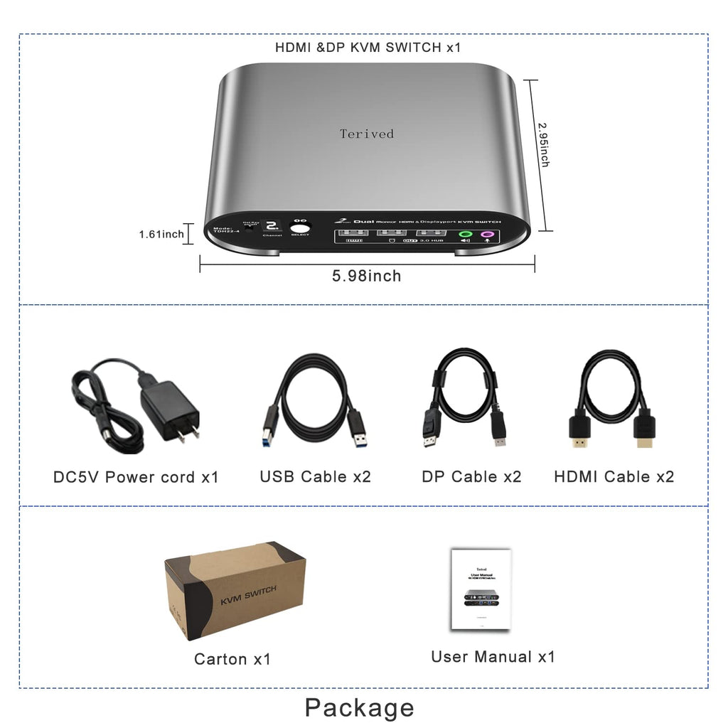 2 Computers 2 Monitors (HDMI + DP) Automatic KVM Switch, 4K@144Hz, 2K@240Hz, Hotkey Switching, Audio and Microphone Output, Aluminum Shell Digital Display, HDR10 with Cables
