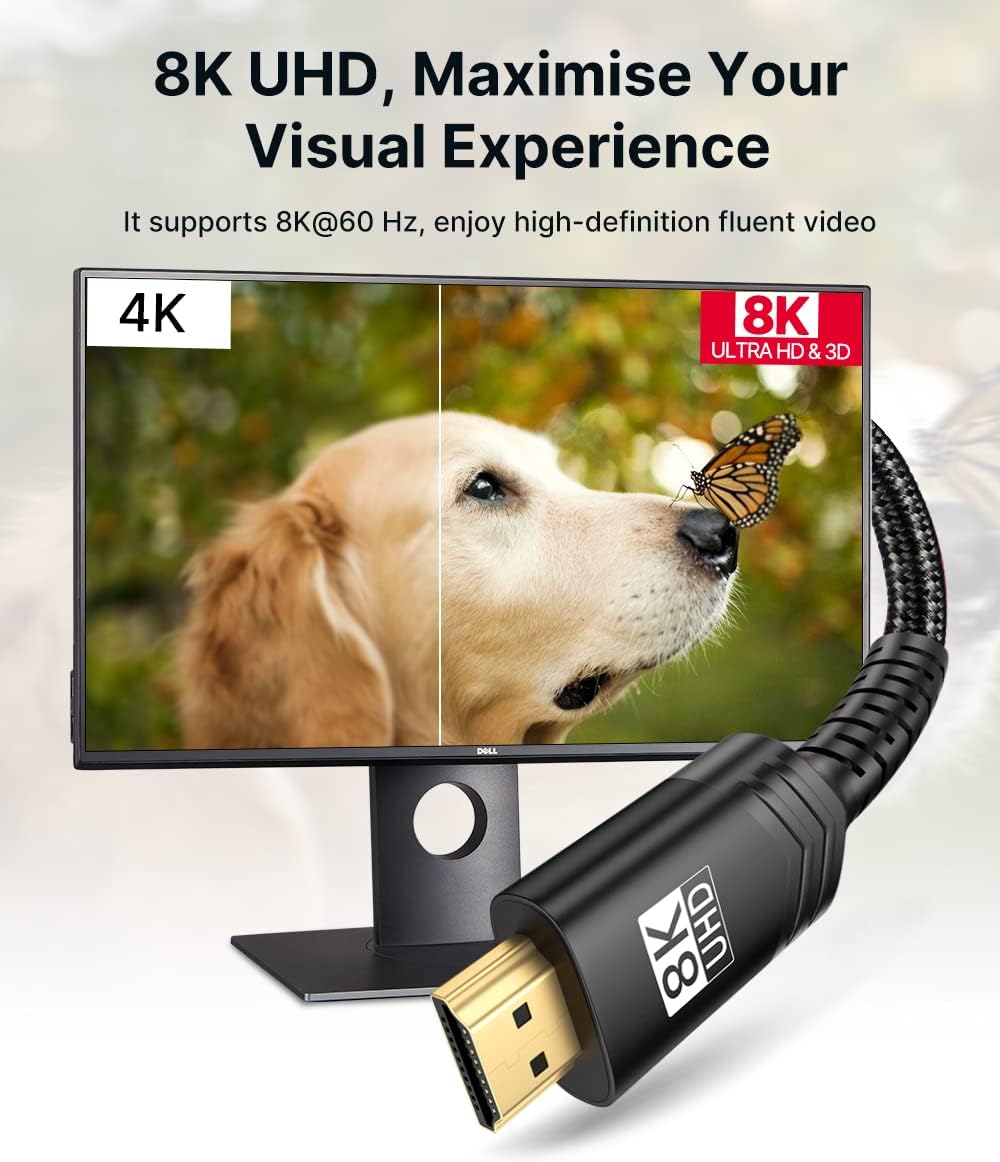 JSAUX HDMI Cables 2.1 2-Pack 6FT, 48Gbps 8K & 4K Ultra High Speed Braided HDMI Cable, 4K@120Hz 144Hz, 8K@60Hz, HDCP 2.2 & 2.3, HDR 10, eARC Compatible with Laptop Monitor UHD TV PS5 PS4 Dolby -Black
