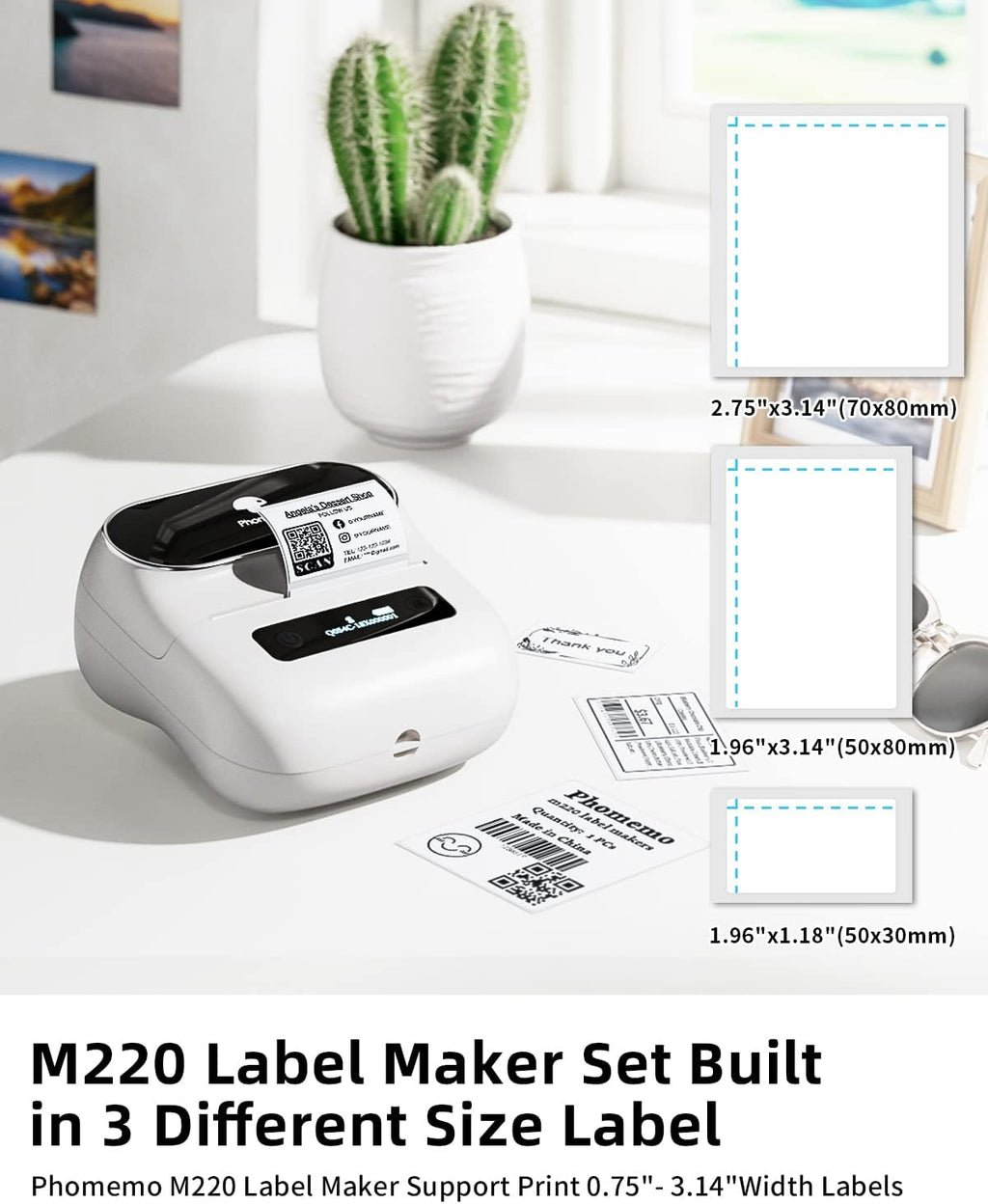 Phomemo Label Maker, M220 Barcode Printer, Thermal Bluetooth Label Printer for Address, Clothing, Warehouse, Mailing,Compatible with Phone & Laptop