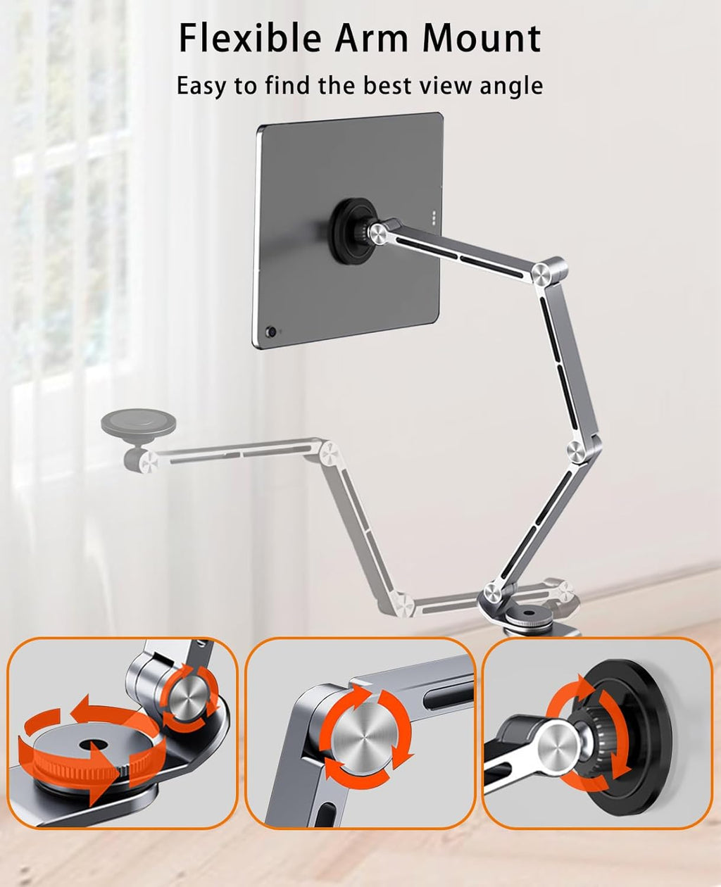 Magnetic Tablet Stand for Desk Aluminum Alloy Phone iPad Desk Holder Overhead Arm Mount with 360°Rotate Base for Magsafe/iPhone/Android/iPad (Magnetic Silver)