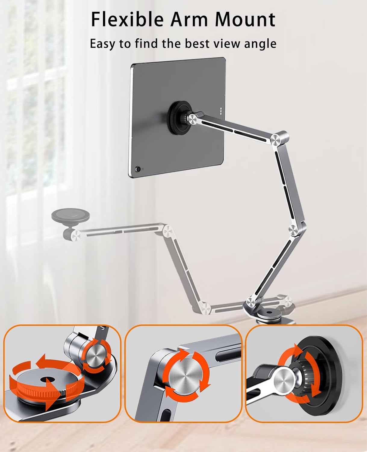 Magnetic Tablet Stand for Desk Aluminum Alloy Phone iPad Desk Holder Overhead Arm Mount with 360°Rotate Base for Magsafe/iPhone/Android/iPad (Magnetic Silver)