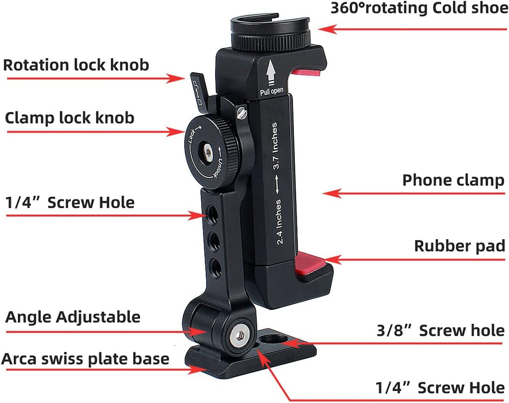 Metal Phone Tripod Mount w Rotatable Cold Shoe for Micphone Easy Use,Compatible with iPhone Tripod Adapter, Cell Phone Mount Holder,Hot Video Creater Vlogging Rig