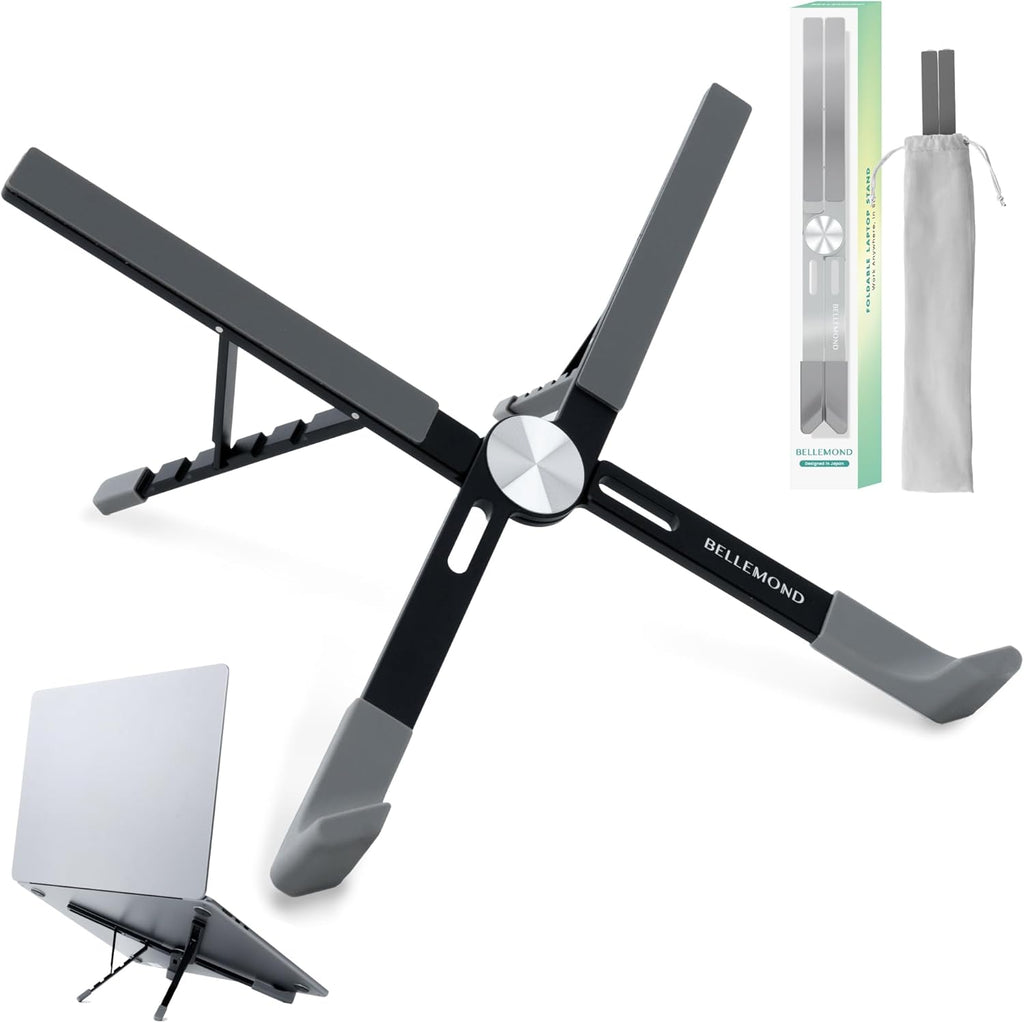 BELLEMOND | X-Shape Laptop Stand – Adjustable Aluminum Riser, 5 Height Levels, Lightweight & Foldable, Ventilated, for Laptops and Tablets up to 17.3" | Midnight Black