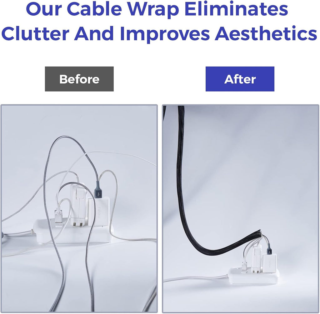 Cable Management Sleeves 1.2in - 2 Pack 4.1ft Split Braided Cable Sleeve Black, Hard PE Cord Protectors from Pets, Wire Organizers for Cords, Flexible Cord Wrap Wire Sleeve for Computer Cord Organizer