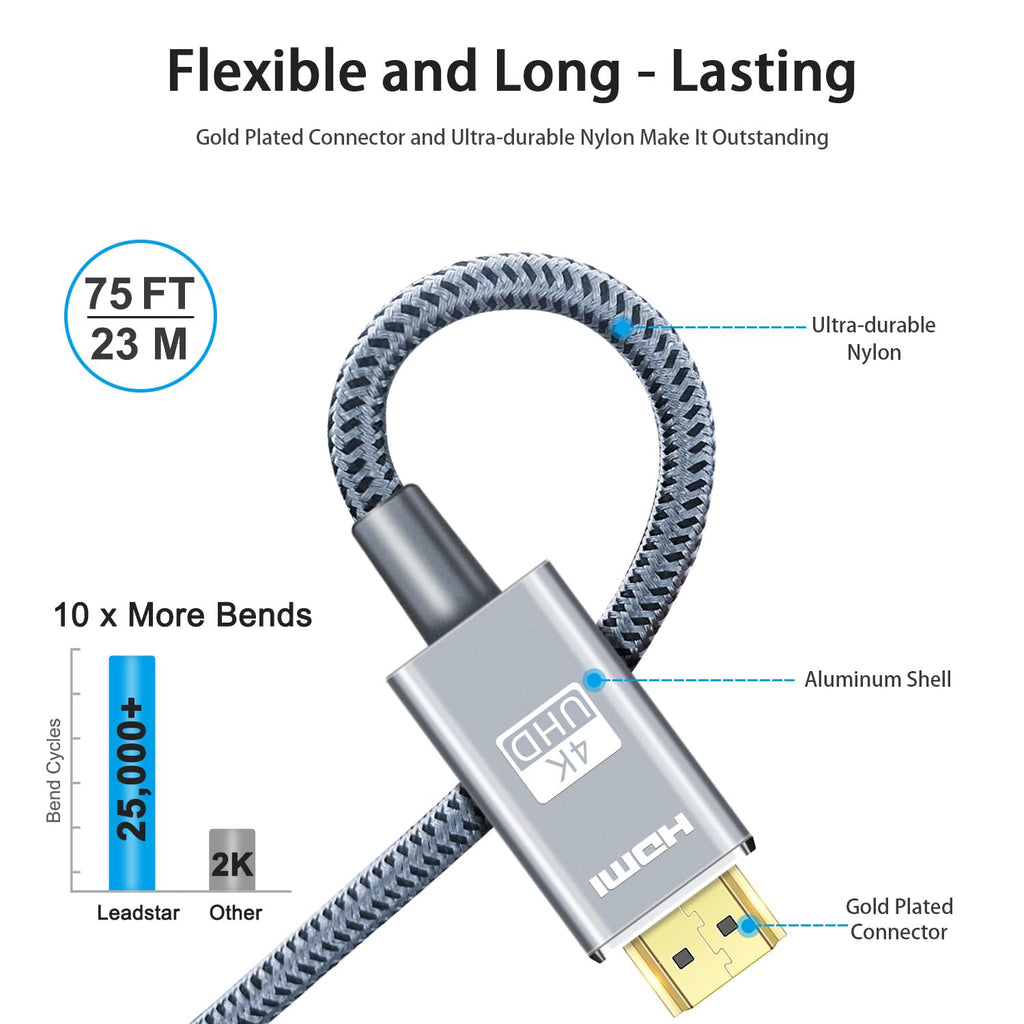 LEADSTAR HDMI Cable 4K 75 ft Fiber Optic, 4K 60Hz 18Gbps High Speed HDMI 2.0 Cord Braided | Ultra HD, HDR10, 1080p, eARC, 3D, HDCP 2.2 | for Xbox, PS5, TV, Laptop, Monitor
