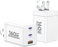 [2 Pack] USB C Charger Block 160W, 3-Port GaN Super Fast Charger, Dual 65W Type C Charging Block, Foldable QC3.0 Laptop Fast Charging for MacBook, iPhone, Samsung, Galaxy, iPad, Android, White