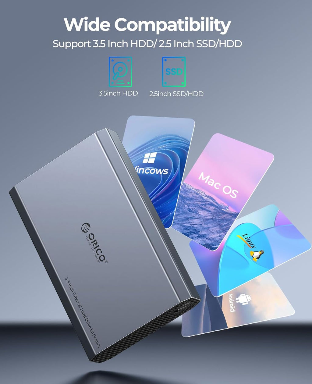 ORICO Aluminum 3.5 Hard Drive Enclosure with USB 3.2 Gen 2 6Gbps Transfer Speed, Fit for 3.5/2.5 Inch SATA HDD SSD Up to 20TB, USB C to USB C/A 2 in 1 Cable Compatible with MacBook Windows(DD35-C3)