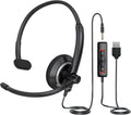 USB Headset with Microphone for PC - Lightweight Single-Ear Computer Headset, Crystal Clear Sound & Comfort Fit, Flexible Steel Headband (3.5mm+USB)