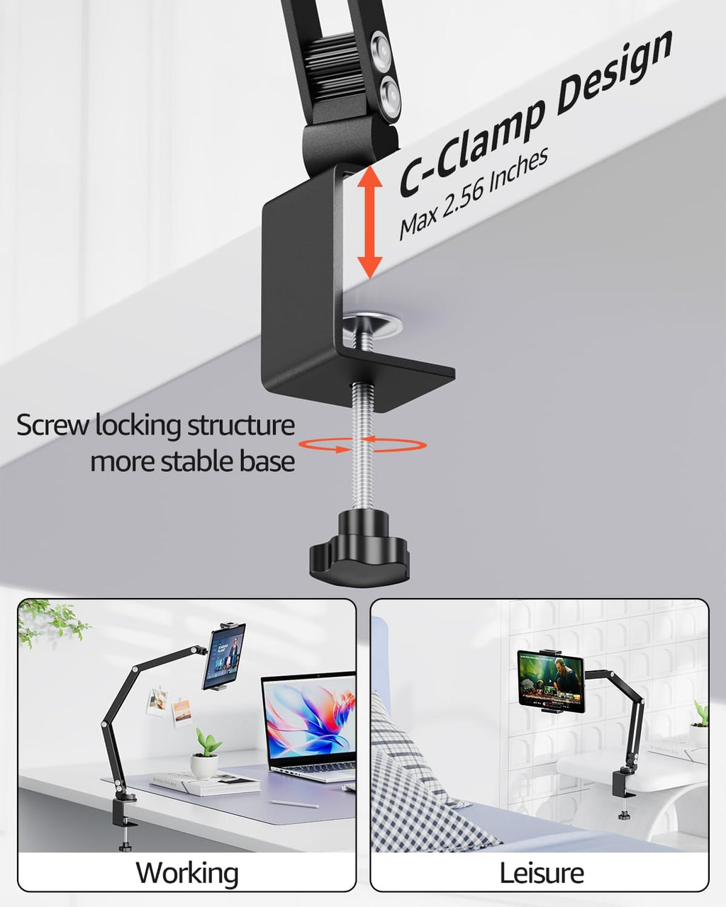 Urmust Tablet Holder Mount with Extendable Arm, Multi-Node Adjustable for 4.7-13" iPad Pro, Air, Galaxy Tab, Kindle Fire, Switch - Universal Tablet Stand for Bed, Desk & Work