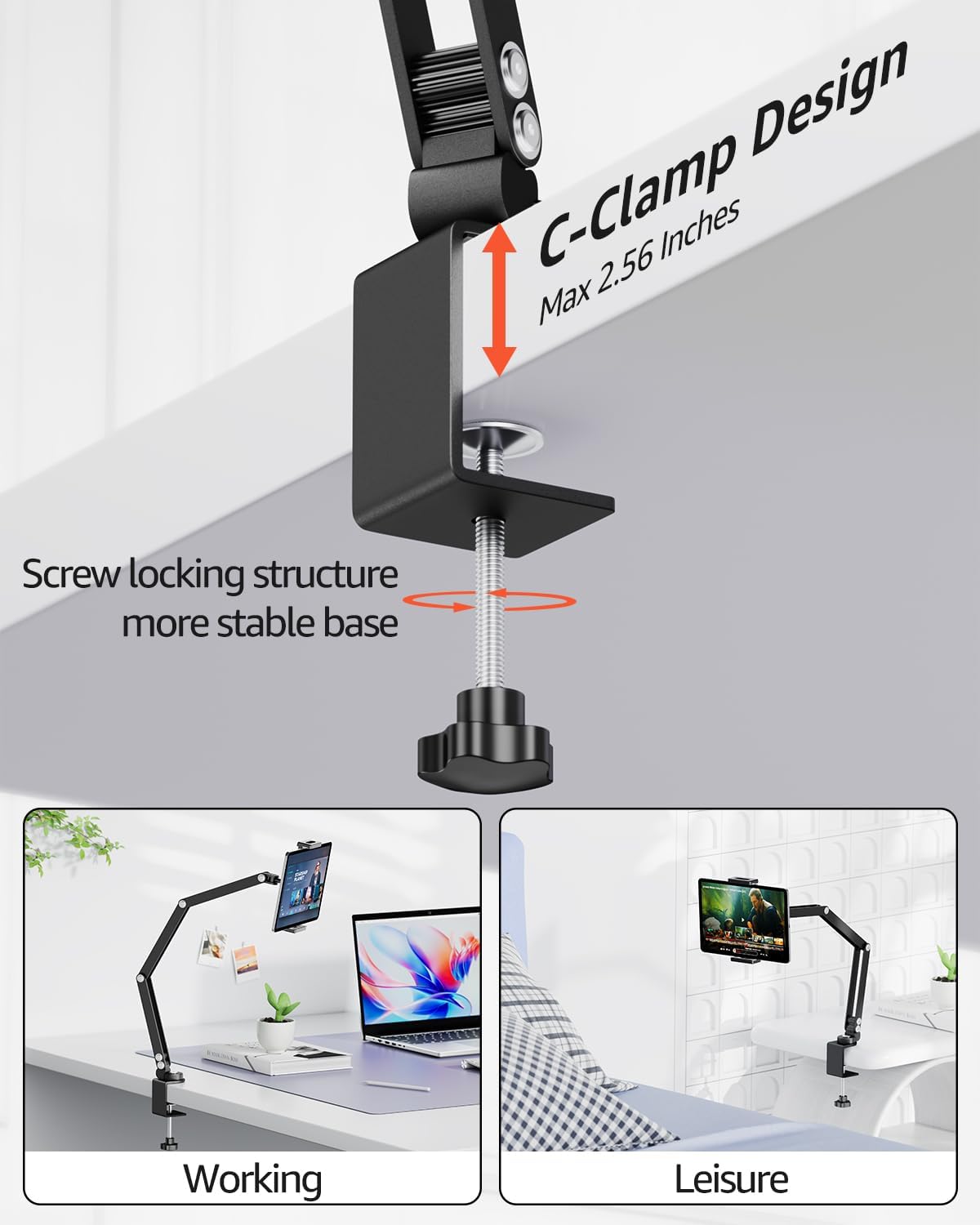Urmust Tablet Holder Mount with Extendable Arm, Multi-Node Adjustable for 4.7-13" iPad Pro, Air, Galaxy Tab, Kindle Fire, Switch - Universal Tablet Stand for Bed, Desk & Work
