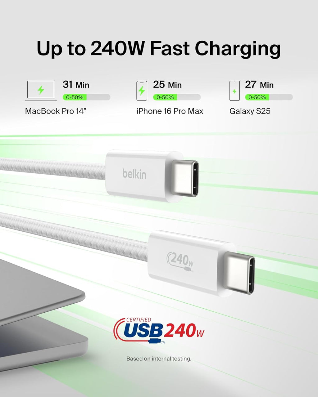 Belkin USB C to USB C Cable 2-Pack, 6.6ft, 240W - Type C Charger, iPhone Charger Cord, Soft, Braided, Flexible for iPhone 17, Galaxy S25, Pixel 10, MacBook, Chromebook, iPad Pro, Switch – White
