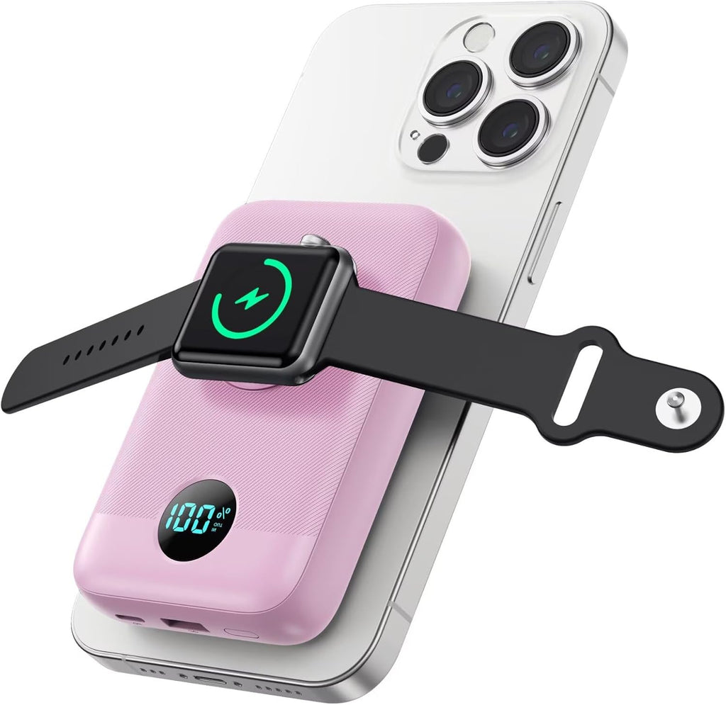 Magnetic Portable Charger for iPhone, 10800mAh 4-in-1 Wireless Power Bank with iWatch Charger, 25W PD Fast Charging Battery Pack for Magsafe, iPhone 16/15/14/13/12 Series, Apple Watch (Pink)