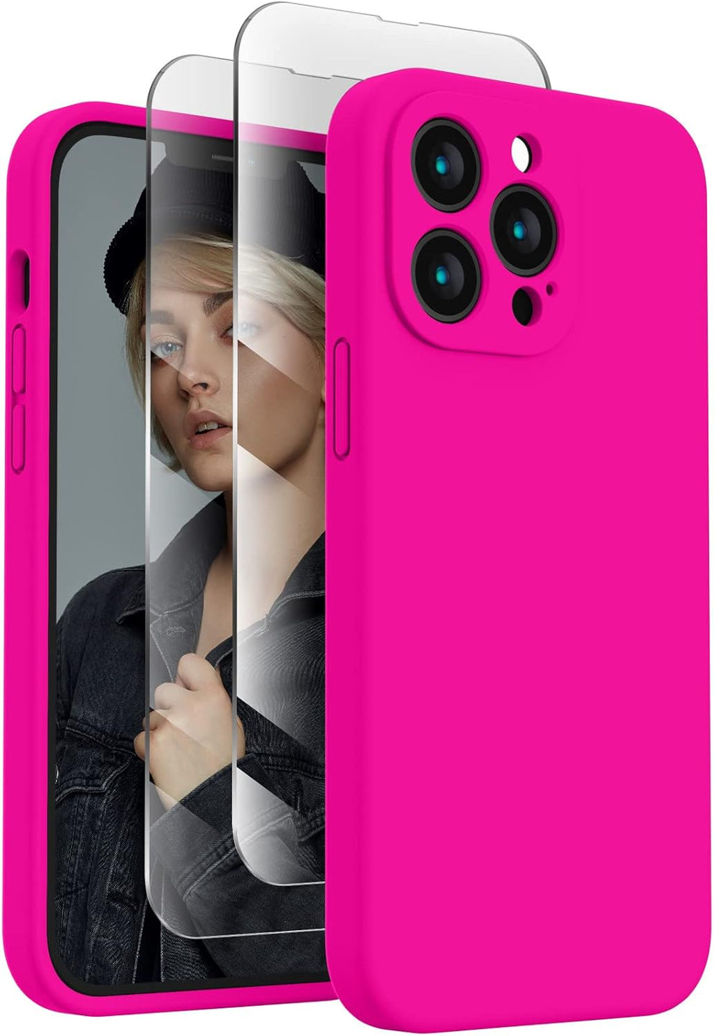 FireNova Designed for iPhone 13 Pro Max Case, Silicone [Camera Protection] Phone Case with [2 Screen Protectors], Soft Anti-Scratch Microfiber Lining Inside, 6.7 inch, Hot Pink