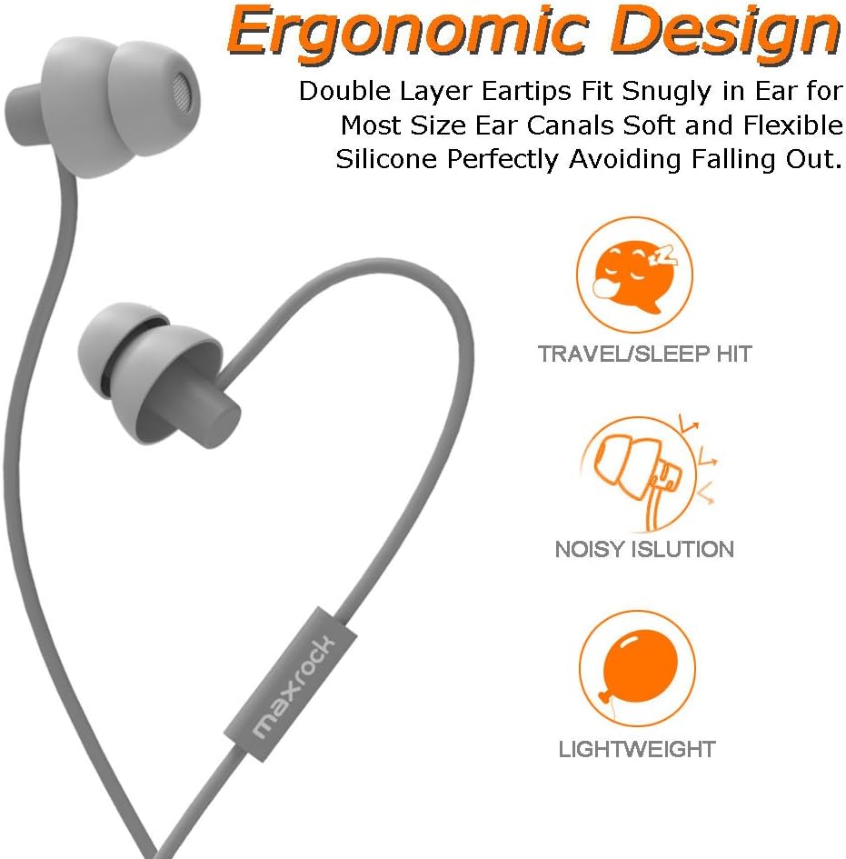 MAXROCK Sleeping Headphones, in-Ear Soundproof Earplug Soft Earbuds with Mic Noise Cancelling Sleep Earphones Earpods for Side Sleeper, Insomnia, Snoring, Air Travel, Bedtime Listening… (Gray)