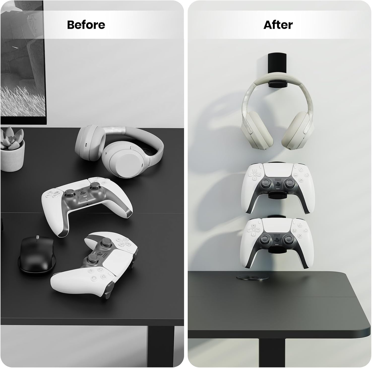 Sticky Headphone Stand Controller Holder - EURPMASK Upgraded Adhesive Gaming Headset Hook, Headphone Holder for Desk with Soft Rubber Pads, Universal PC Gaming Accessory Controller Headset Stand,Black