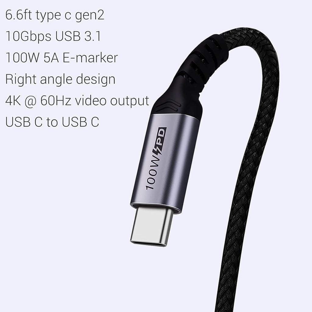 USB C to USB C Cable 100W,[2-Pack 6.6ft Right Angle] USB 3.1 Fast Charging Cord 90 Degree 20V/5A Type C PD Cable Compatible for iPhone 15/15 Plus/15 Pro/15 Pro Max/MacBook Pro 2022