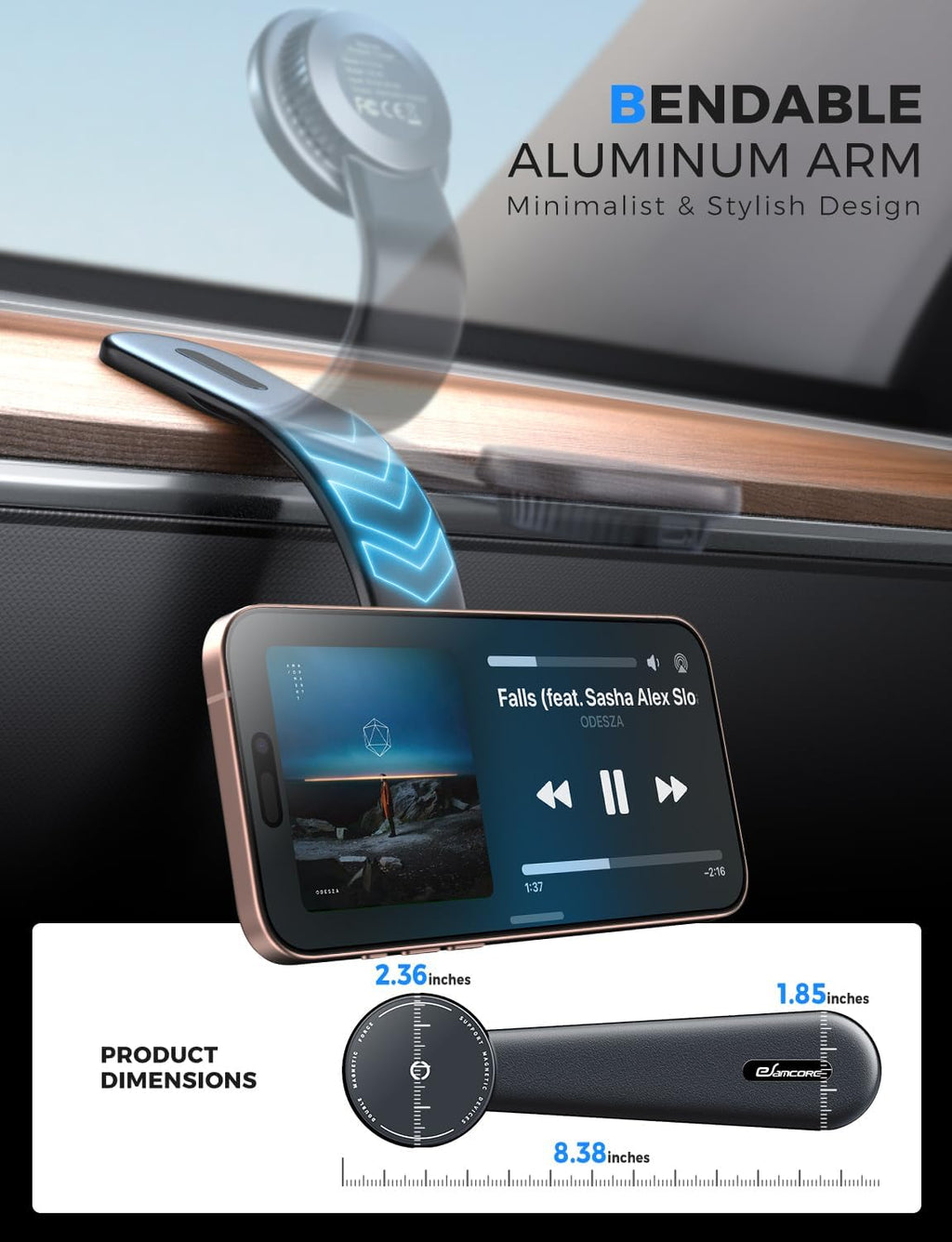eSamcore for Magsafe Car Mount Charger, Wireless Magnetic Car Phone Holder Detachable 15W Fast Charging for Dashboard with Bendable Aluminum Arm Only Fit iPhone 16 15 14 13 12 Pro Max Mini