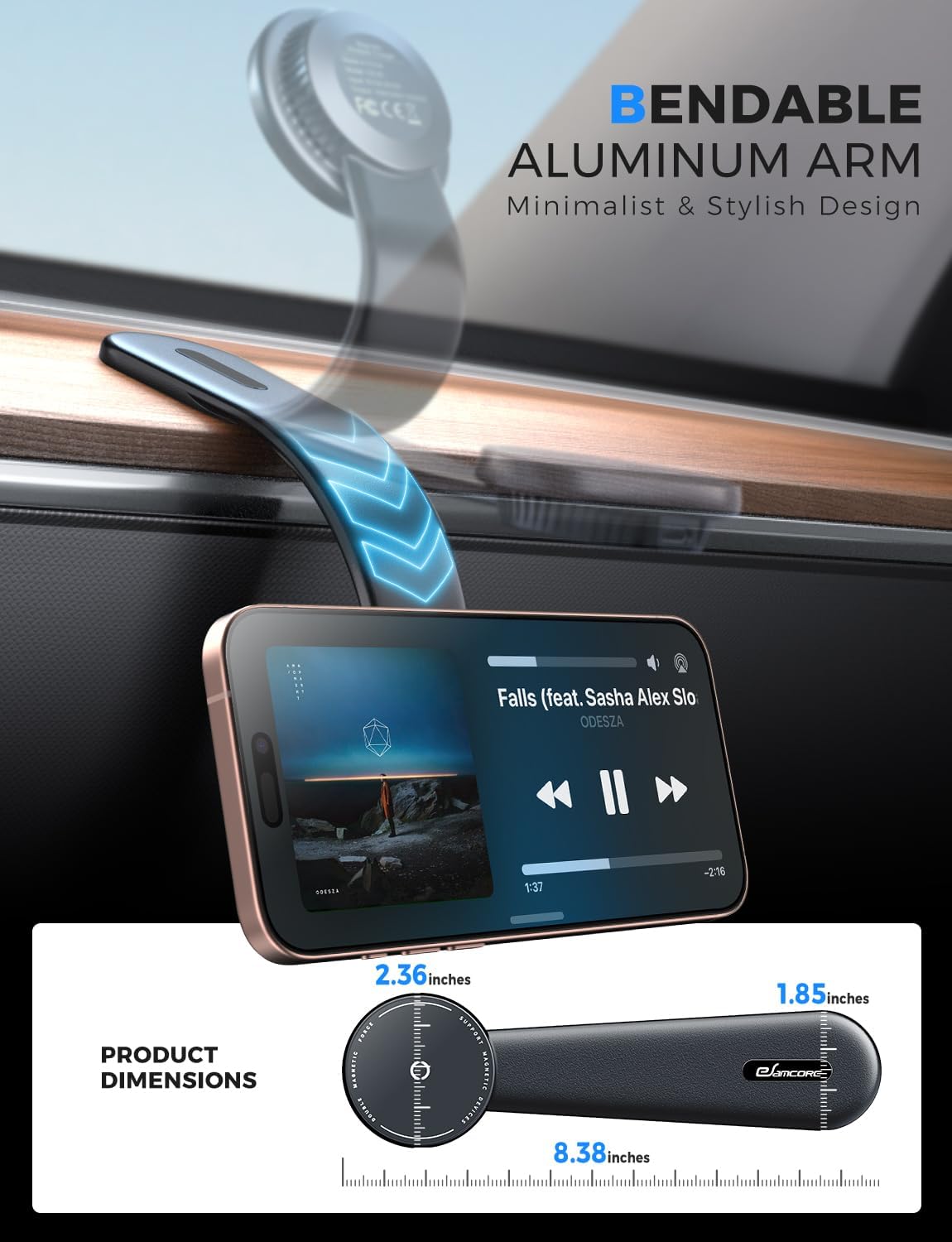 eSamcore for Magsafe Car Mount Charger, Wireless Magnetic Car Phone Holder Detachable 15W Fast Charging for Dashboard with Bendable Aluminum Arm Only Fit iPhone 16 15 14 13 12 Pro Max Mini