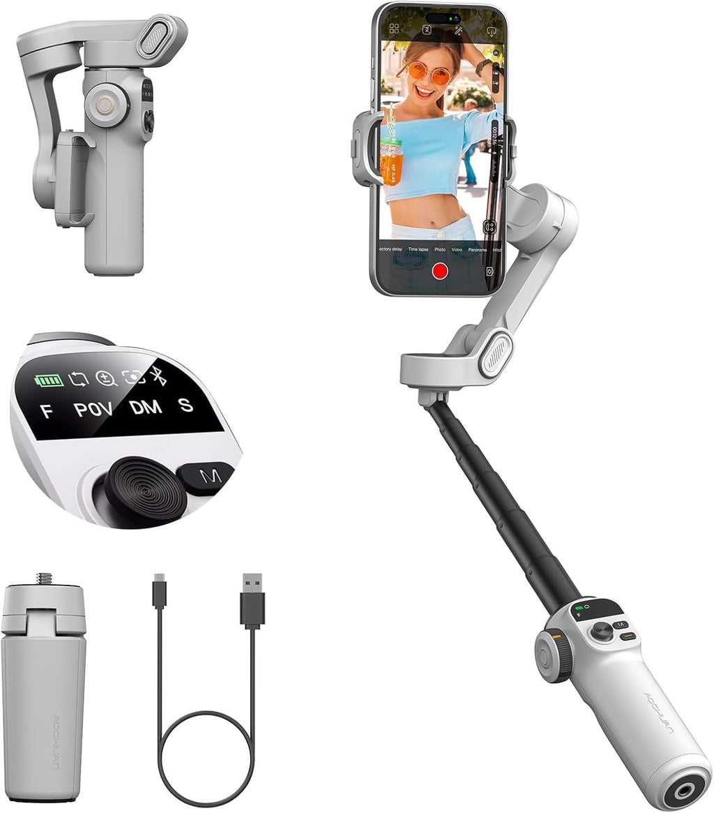 Smart X2 Gimbal Stabilizer for iPhone, Built-in 20cm Extension Rod, 3-axis Handheld Smartphone Gimbal, Foldable Phone Tracking Tripod Selfie Stick w/OLED Display, Video Recording, White