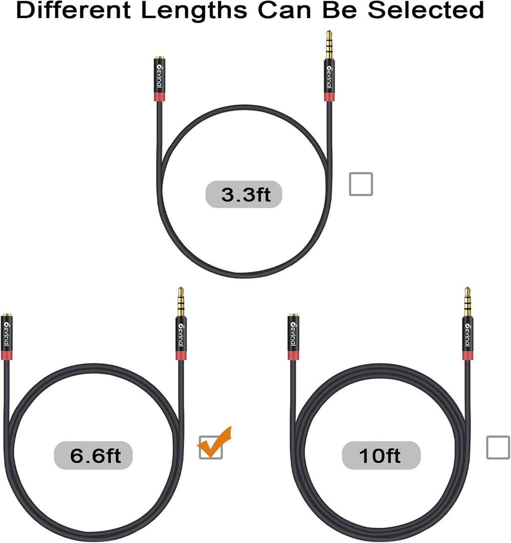 Devinal 3.5mm TRRS Headphone Extension Cable, 1/8" inch Female 4-Pole to Male Extension Cord, Mini-Jack Aux Stereo Audio Connector 6.6Ft/2M (2 Pack)