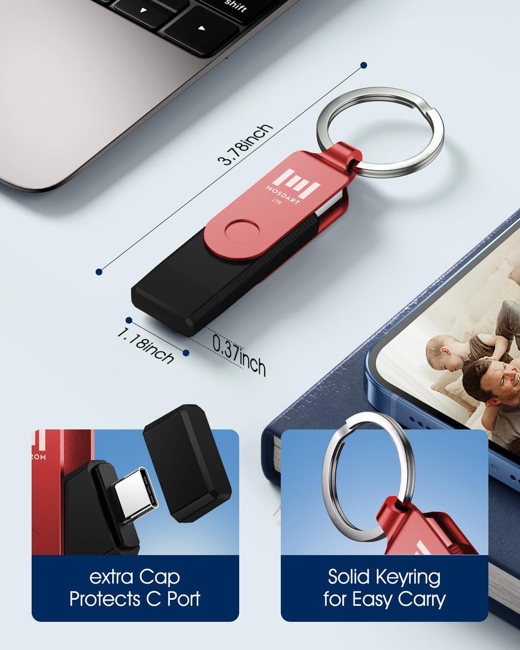MOSDART 1TB USB3.1 Fast Speed C and A Dual Flash Drive, exFAT Memory Stick with Keychain and LED Indicator, for iPhone 15 and 16, Android Phone, iPad, MacBook, and Other Laptops, Red