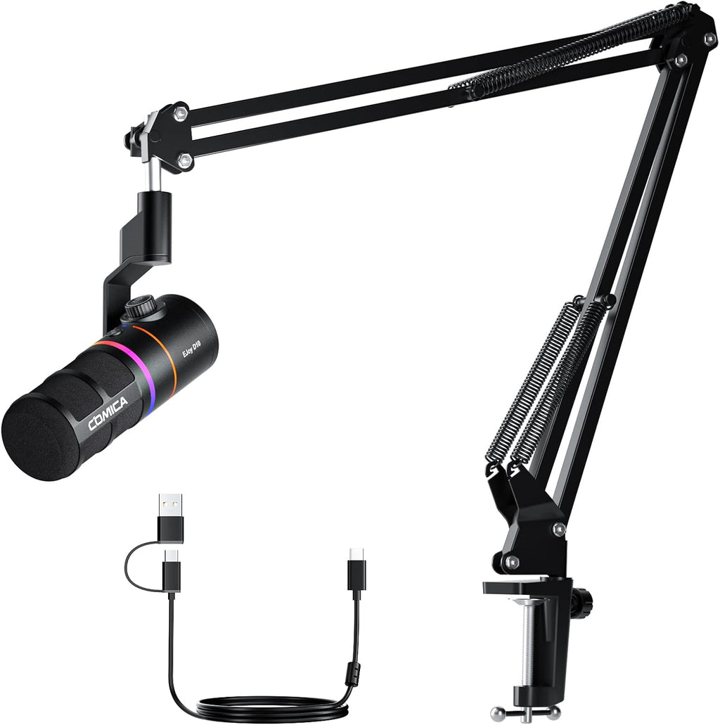 COMICA EJoy D10(A) USB Gaming Microphone – Boom Arm Mic with Noise Cancellation, XLR/USB-C, Real-Time Monitoring, Muting, RGB Professional Studio Mic for Gaming, Streaming, Podcast, Recording (Black)