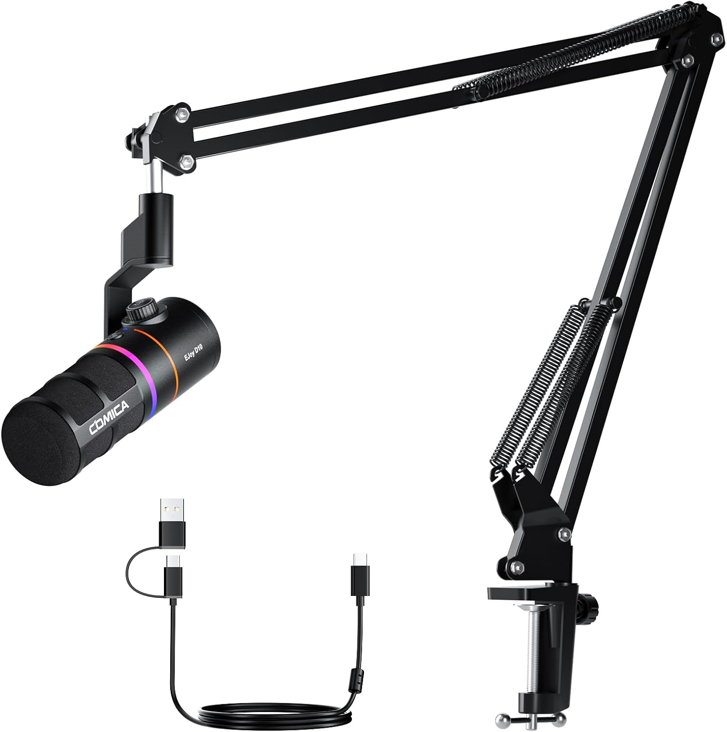COMICA EJoy D10(A) USB Gaming Microphone – Boom Arm Mic with Noise Cancellation, XLR/USB-C, Real-Time Monitoring, Muting, RGB Professional Studio Mic for Gaming, Streaming, Podcast, Recording (Black)