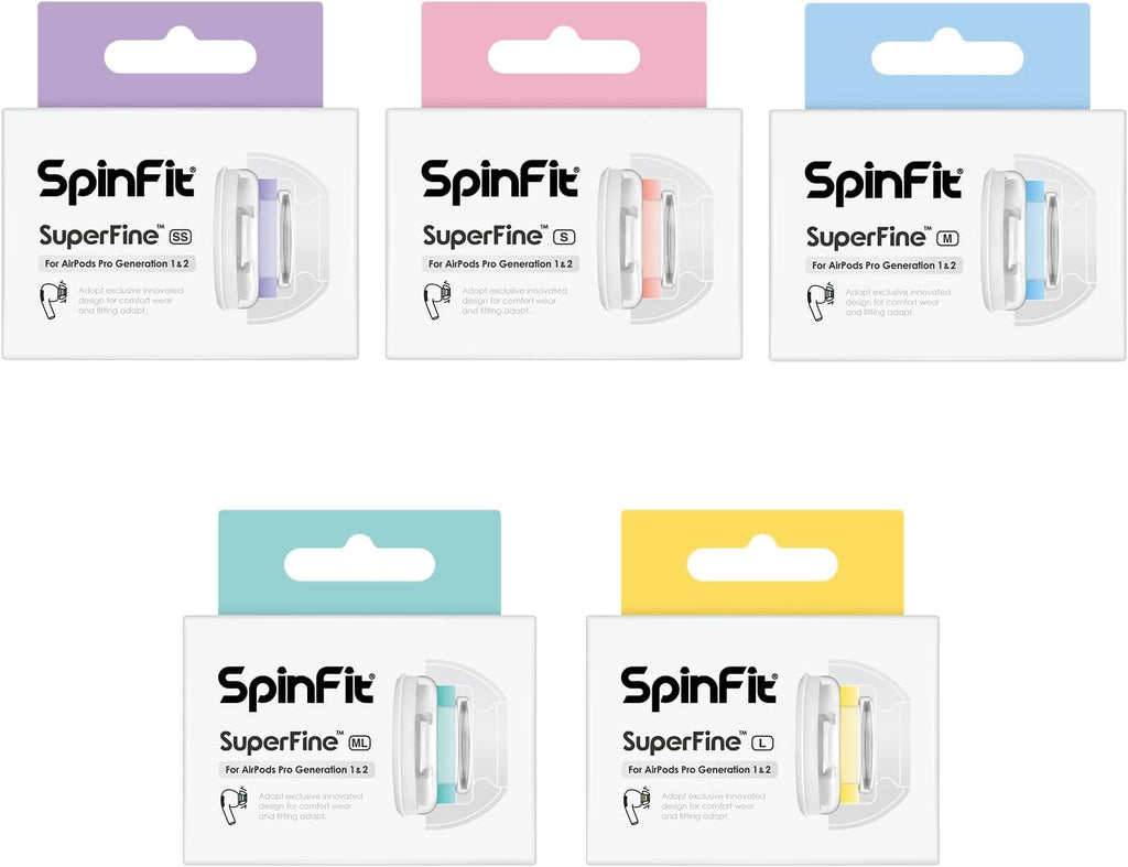 SpinFit Superfine for AirPods Pro Gen 1 & 2 - ML - Medical Grade Silicone Patented Replacement Ear Tips and Adapters for Supreme Comfort (one Pair)(Ear Tips Installed)