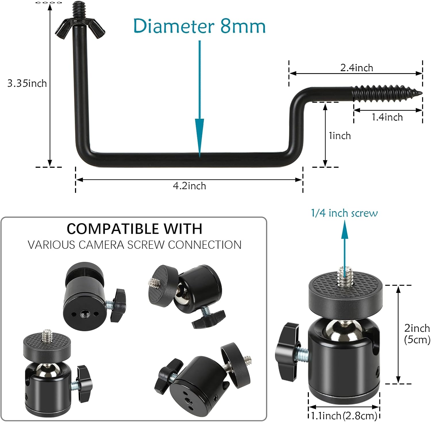 5 Pcs Trail Camera Tree Mount, Trail Camera Holder 360° Cameras Bracket for Game Cam, Hunting Accessories,Metal Security Cam Mount with 1/4 Inch Screw for Solar Panels,etc, Compact Sturdy.