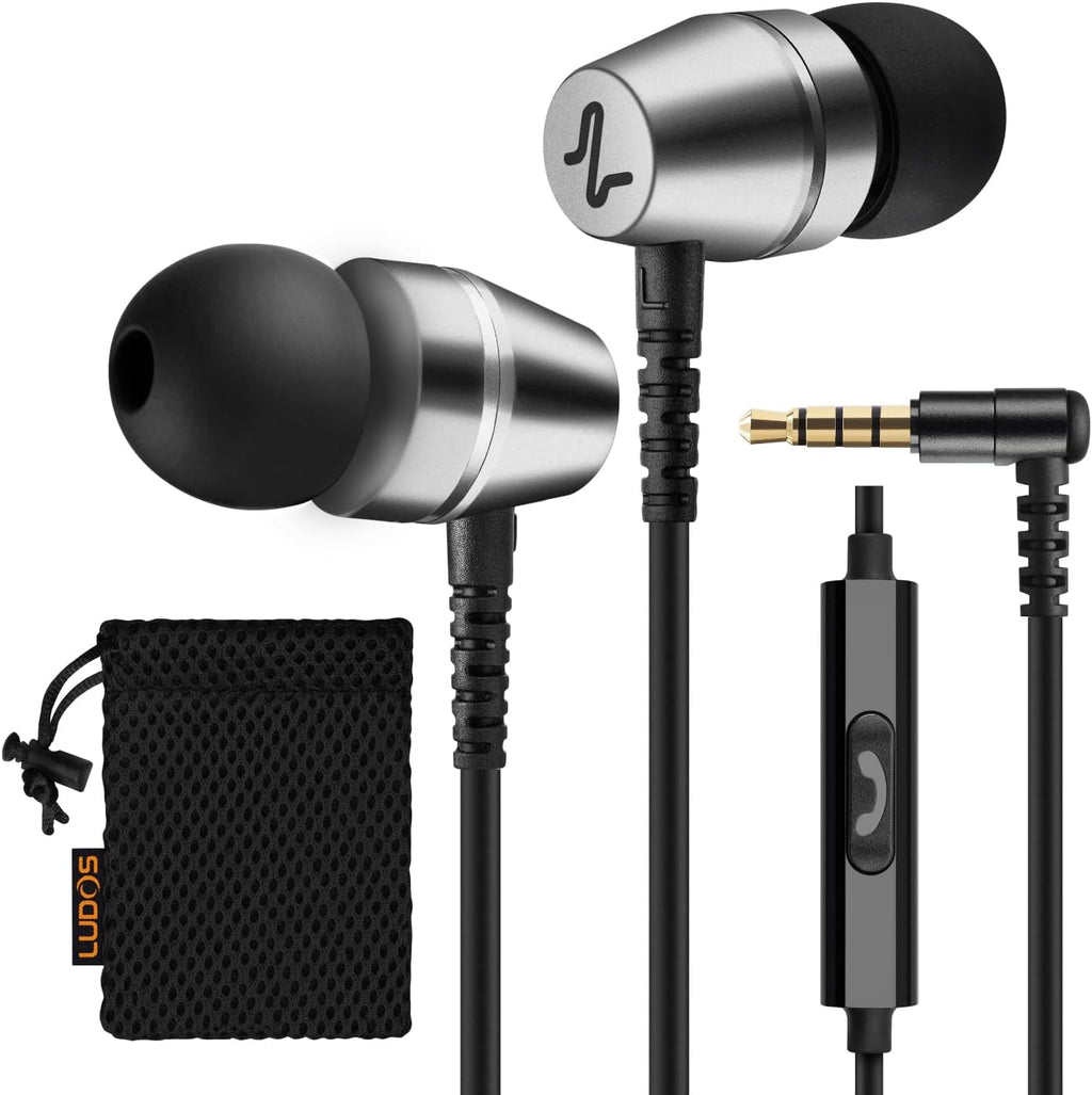 LUDOS OMNITONE Wired Earbuds in-Ear Headphones, 5 Years Warranty, Earphones with Microphone, 3.5 mm Jack Corded Ear Buds, Videoconference for iPhone, Samsung, Laptop, Kids, School Students - Grey