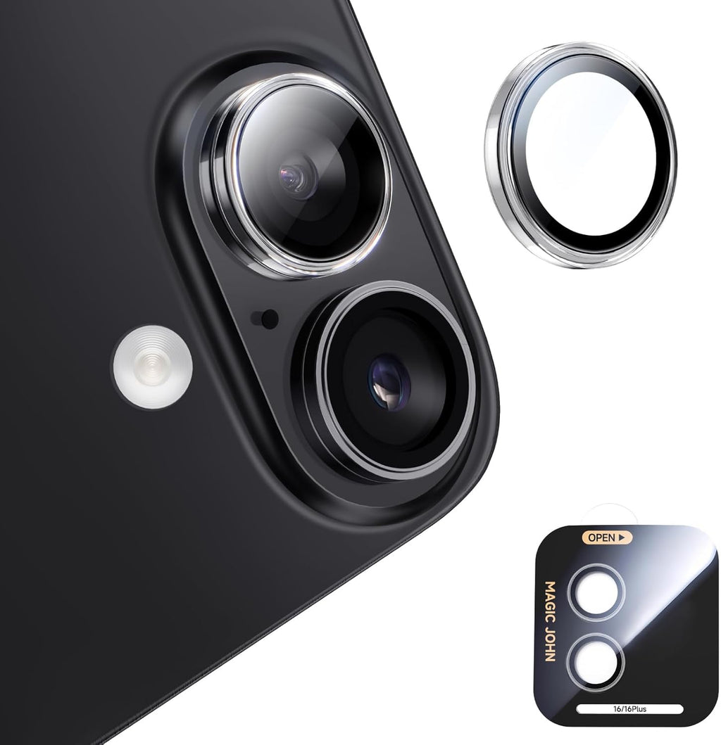 MAGIC JOHN for iPhone 16Plus/16 Camera Lens Protector [Alignment Kit&1:1 Invisible Perfect Fit] 9H Aerospace Tempered Glass Anti-Scratch Durable, Individual Cover Ring, Case Friendly, Set of 2, Clear