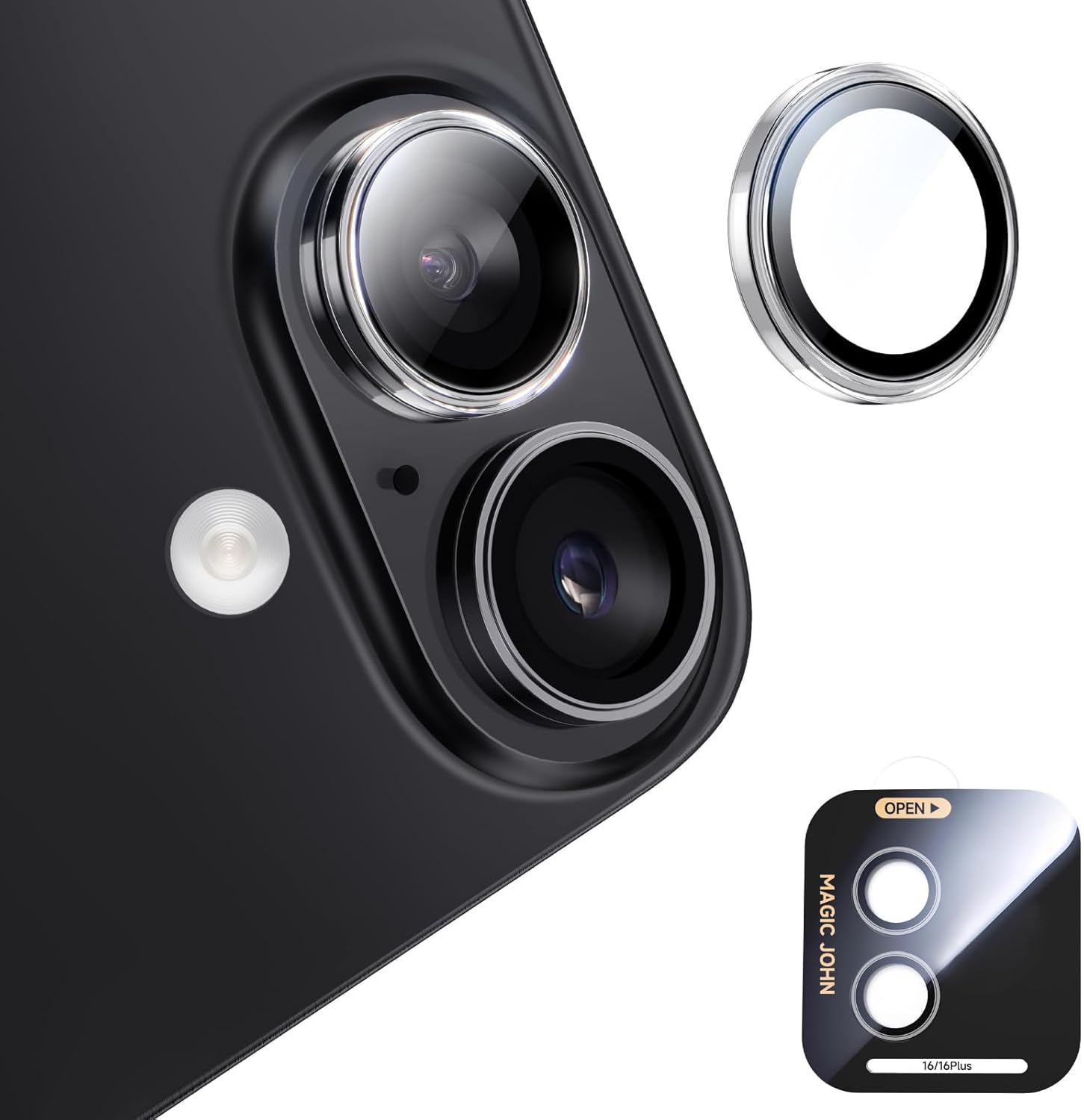 MAGIC JOHN for iPhone 16Plus/16 Camera Lens Protector [Alignment Kit&1:1 Invisible Perfect Fit] 9H Aerospace Tempered Glass Anti-Scratch Durable, Individual Cover Ring, Case Friendly, Set of 2, Clear