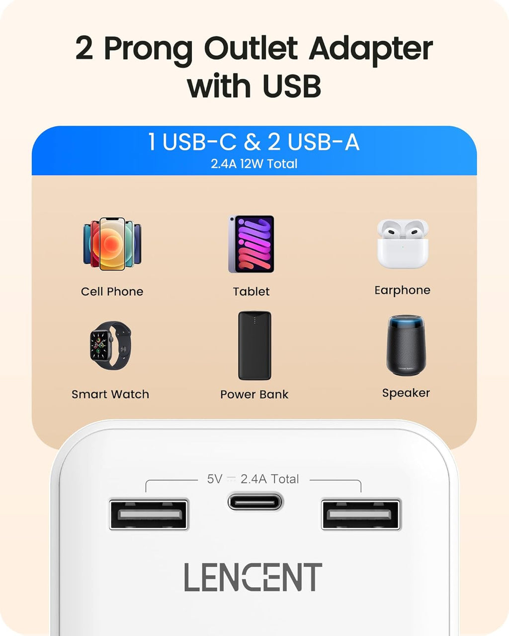 LENCENT 2 to 3 Prong Outlet Adapter, 2 Prong Power Strip with 6 AC Sockets 3 USB Ports(1 USB C), 3-Sided Wall Plug Splitter, 1875W Max, Compact Adapter for Non-Grounded Outlets in Old Houses