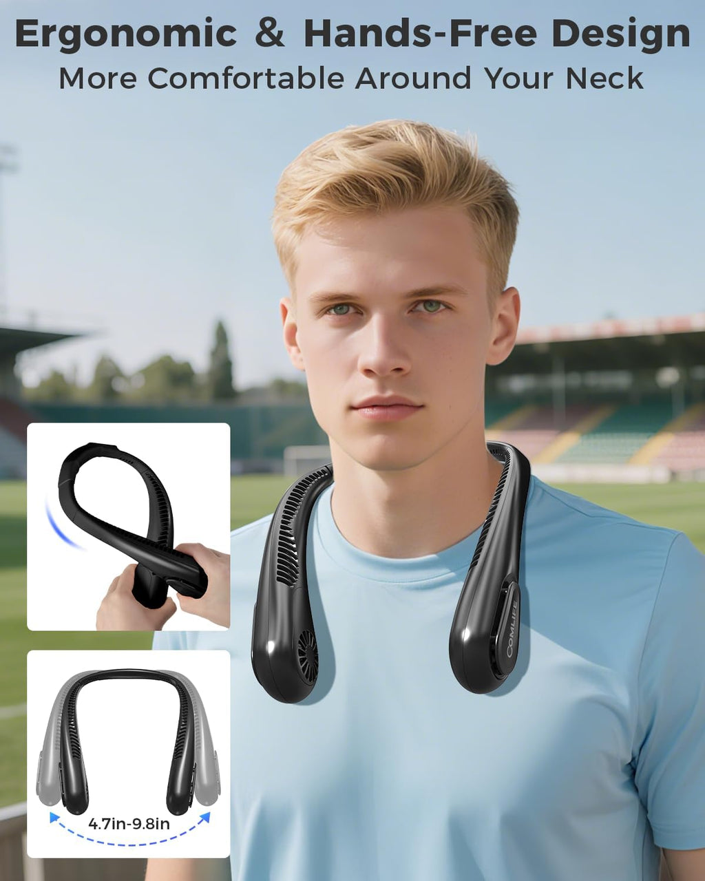 Bladeless Neck Fan, 5000mAh Rechargeable Battery Powered, 3 Speeds, Angle Adjustable, Hand-free Portable Neck Fan for Both Outdoor & Indoor Use, UL Certified, Black