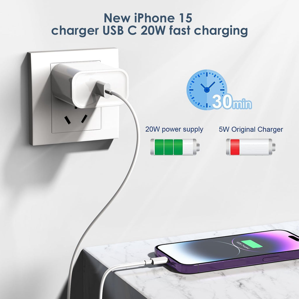 Fast Charging for iPhone 16 15 Charger,2Pack 20W USB C Wall Charger Travel Plug Block iPhone 15 Charging Cable for iPhone 16/16 Pro/16 Pro Max/16 Plus/15/15 Pro/15Pro Max/iPad Mini6/iPad Air4/iPad Pro