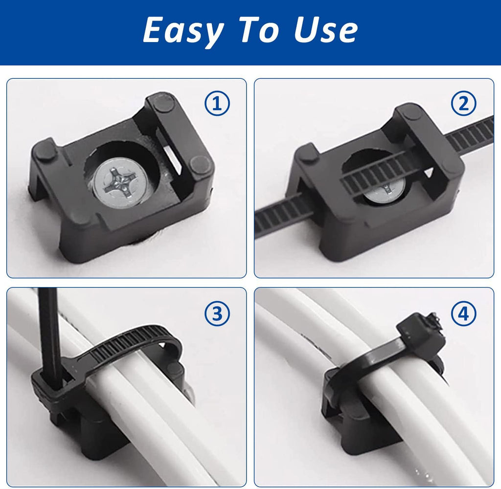 Cable Zip Tie Mounts Kit - 240 Set Wire Cable Clips Organizer Holders with 8" Cable Ties, Saddle Type Mounts Base and Tapping Screw, Black