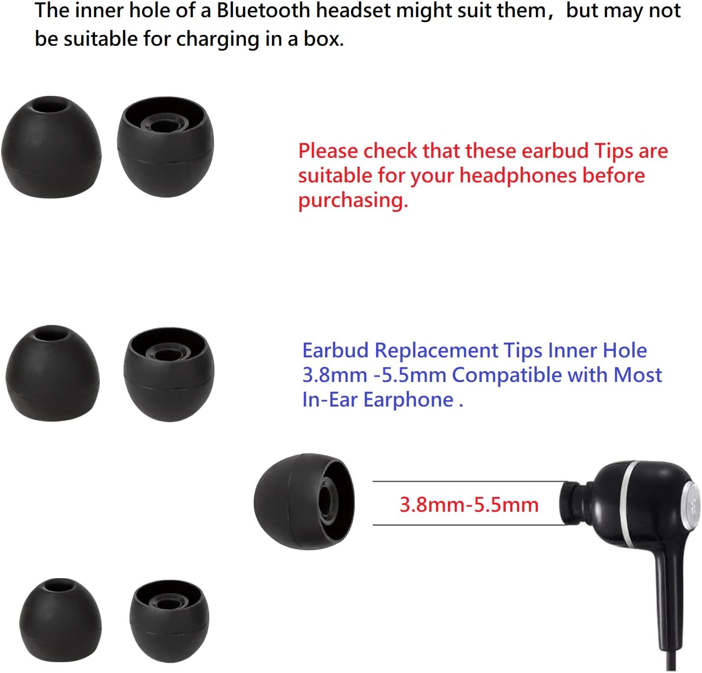 Silicone Earbud Replacement Tips Earbud Tips Ear Bud Covers for Fit Most in-Ear Earbuds(Inner Hole 3.8mm -5.5mm) Headphone Rubber Tips Eartips 18 Pairs S M L