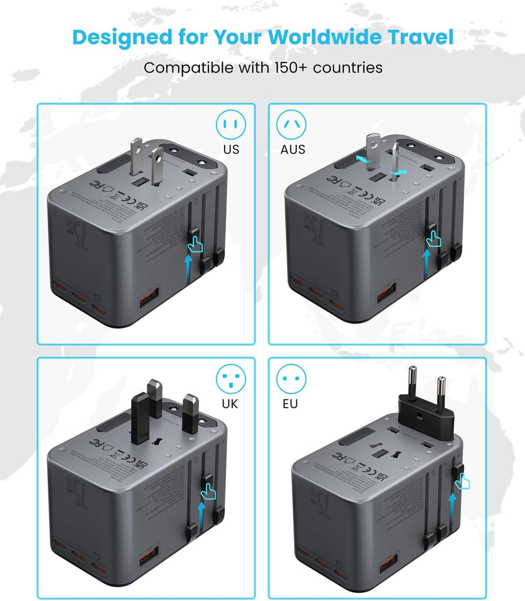 Universal Travel Adapter, VINTAR 75W GaN International Power Adapter with 3 USB-C PD and 2 USB-A QC Charging Ports, All-in-one Outlet Converter Wall Charger for Europe UK USA AUS(Type C/G/A/I), Grey