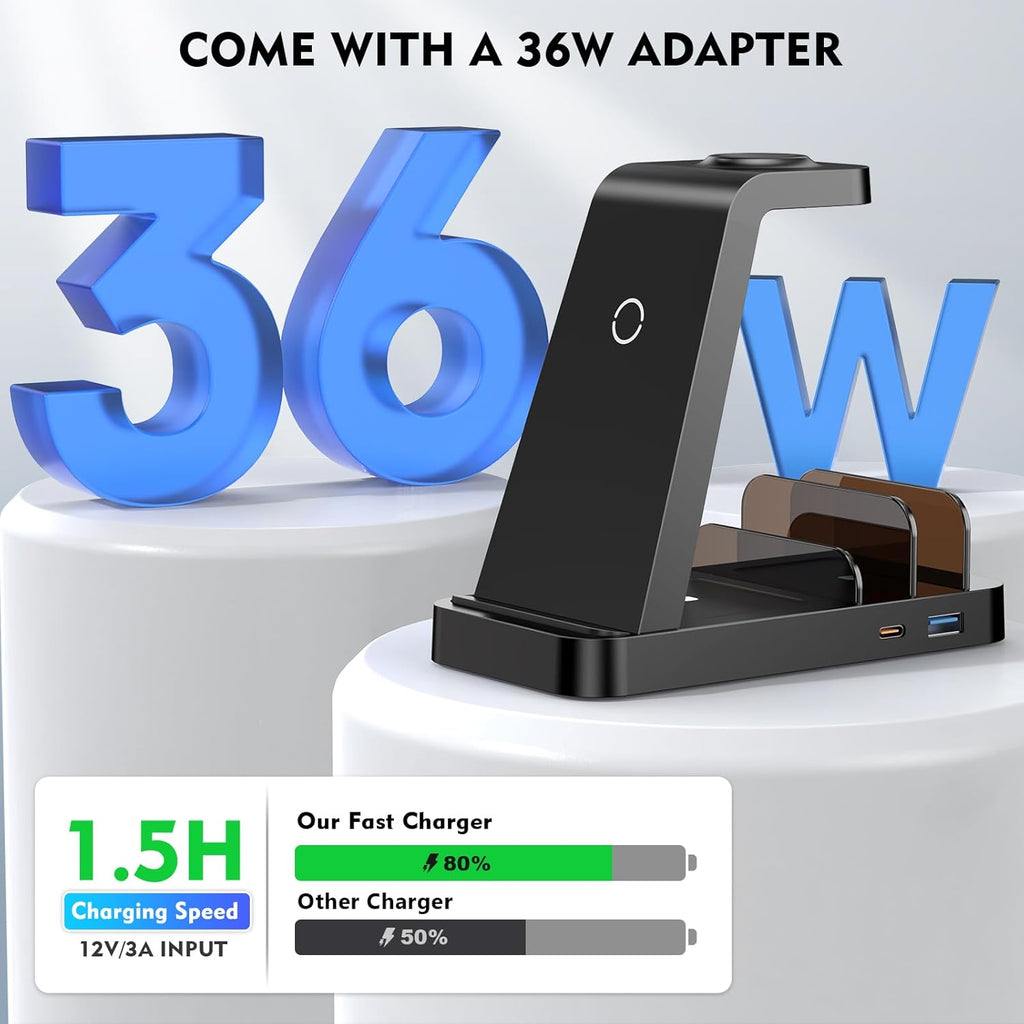 Wireless Charger for iPhone - 5 in 1 Charging Station for Multiple Devices Apple: Fast Wireless Charging Stand Dock for iPhone 16e 16 15 14 13 12 Pro Max Apple Watch Airpods