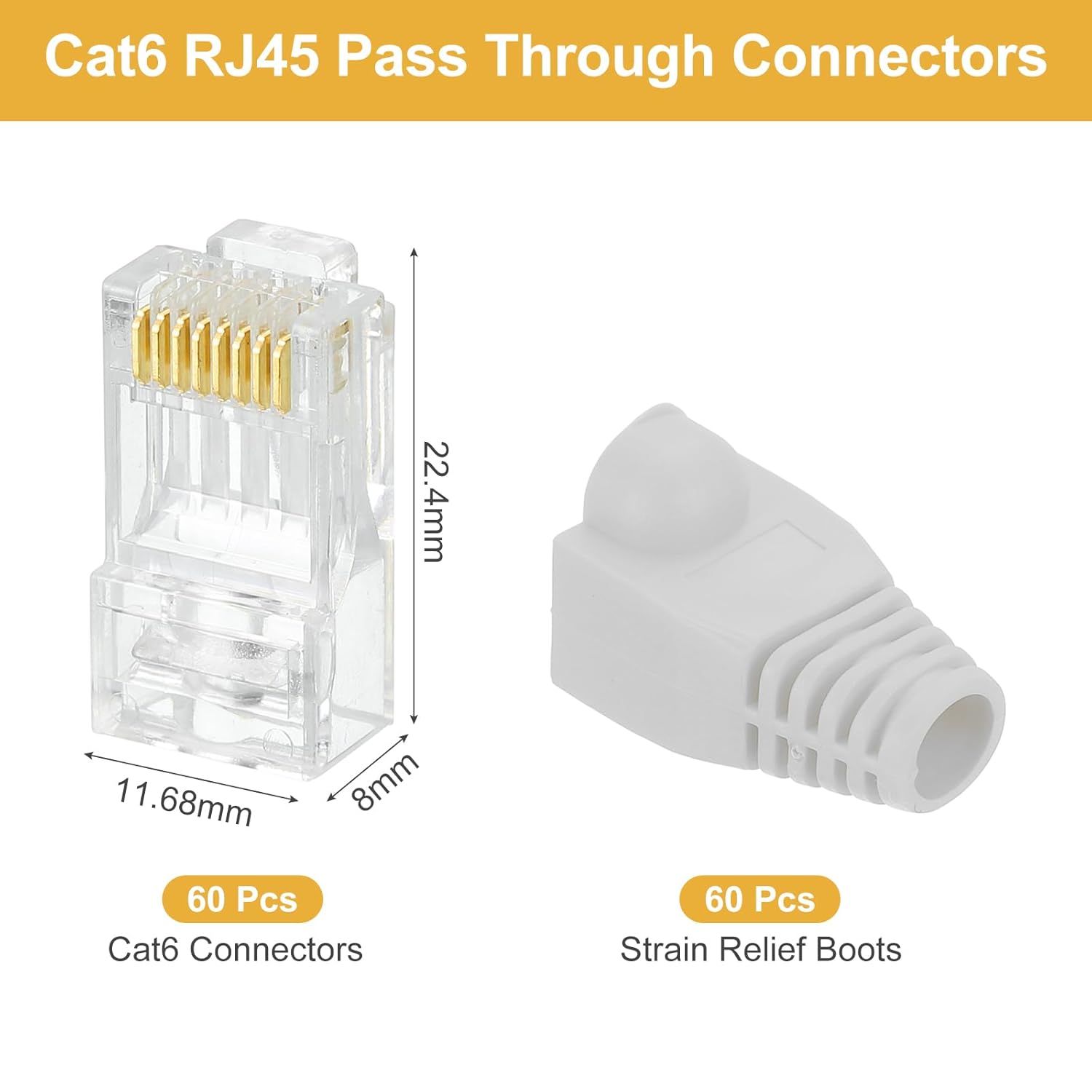 MECCANIXITY 60pcs Cat6 RJ45 Pass Through Connectors, RJ45 Connector 8P8C Gold Plated Plugs with 60pcs Light Grey Strain Relief Boots for Solid or Stranded UTP Ethernet Cable, 1.1mm