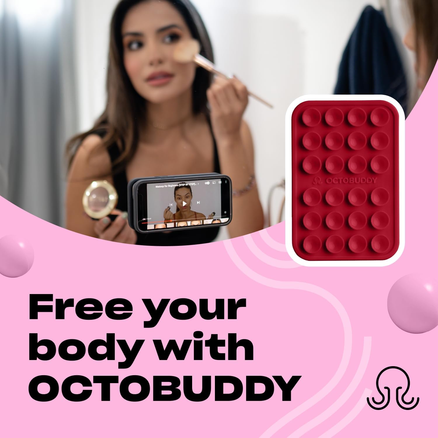 Classic - Silicone Suction Phone Case Adhesive Mount - Hands-Free, Strong Grip Holder for Selfies & Videos - iPhone & Android Compatible - 2.25″ x 3.25″, RED