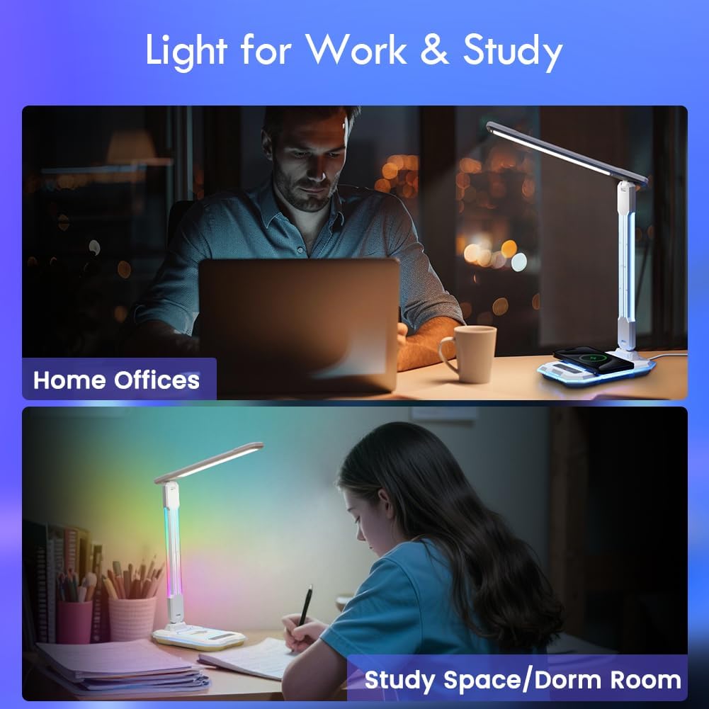 WILIT Desk Lamp for College Dorm Room,Sound Reactive RGB Lamp, Gamer Room Decor, Table Lamp with Wireless Charger&USB Charging Port,Touch Control Lamp,LED Reading Lamp for Home Office,Men Gifts