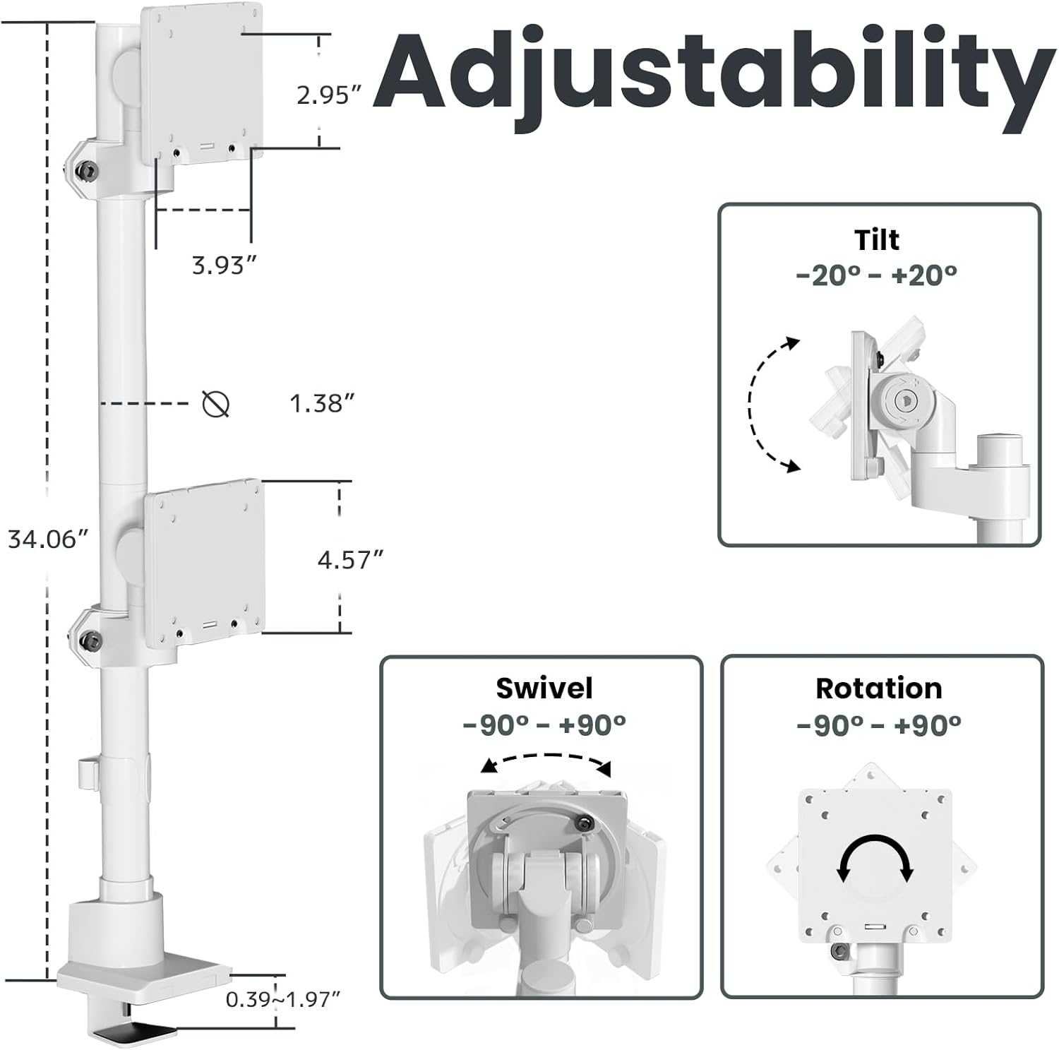 Dual Monitor-Arm Heavy Duty Ultrawide - 24-57 inch Vertical Dual Monitor Mount, Adjustable Stacked Double Monitor Desk Mount Stand, Max Load 59.4 lbs (per Screen), VESA 75/100 mm, White