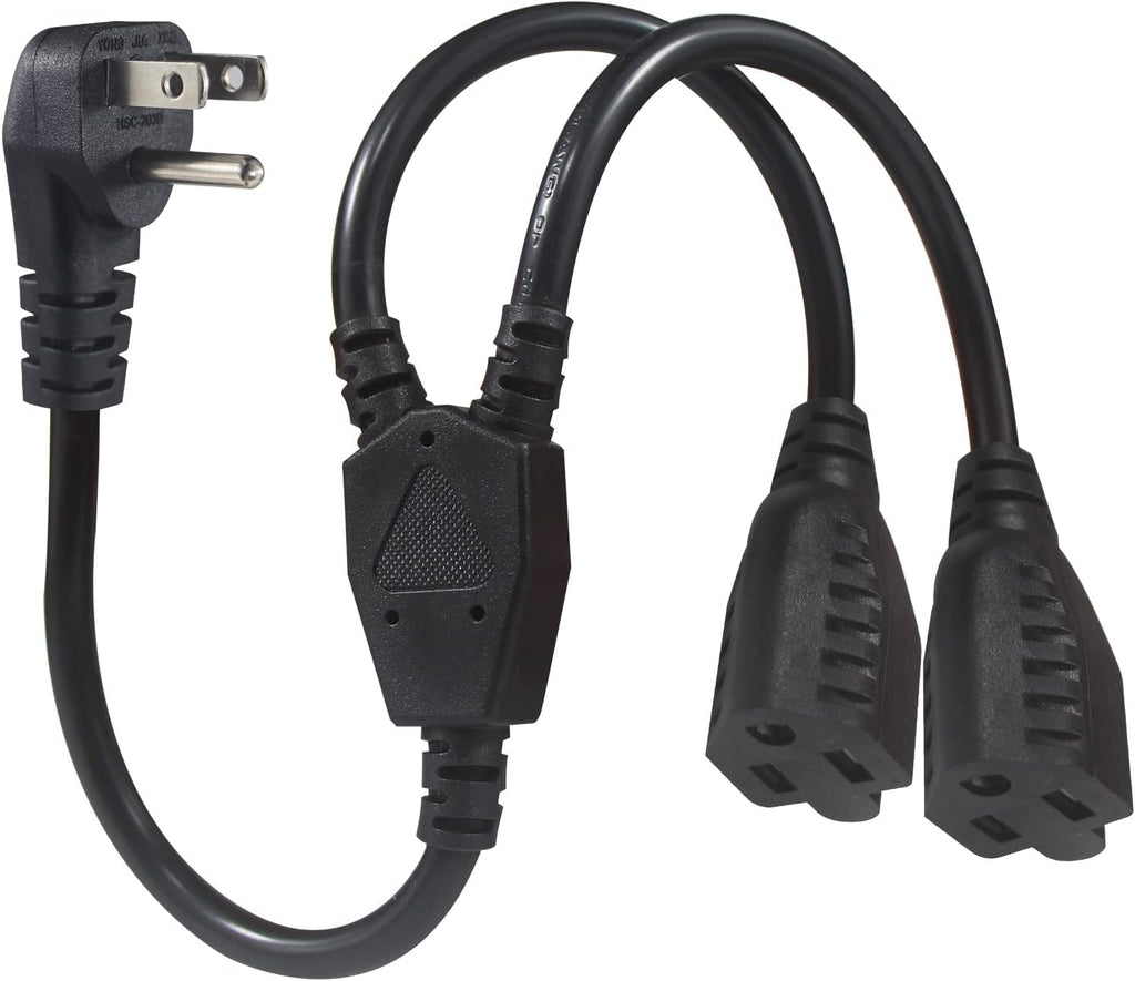 Power Cord Extension Y Splitter - 1 to 2 Way Outlet Adapter NEMA 5-15P 90-Degree Flat Plug to 2 X NEMA 5-15R with SJT 16AWG 3-Prong Cable Wire Extender Space Saver for Kitchen Home Office