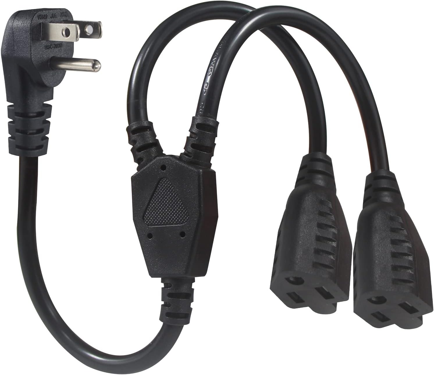 Power Cord Extension Y Splitter - 1 to 2 Way Outlet Adapter NEMA 5-15P 90-Degree Flat Plug to 2 X NEMA 5-15R with SJT 16AWG 3-Prong Cable Wire Extender Space Saver for Kitchen Home Office